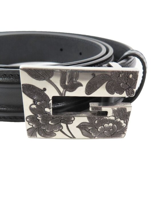 Gucci Square Flower Buckle Belt Leather Memorable Eyelet Black Silver main image 4